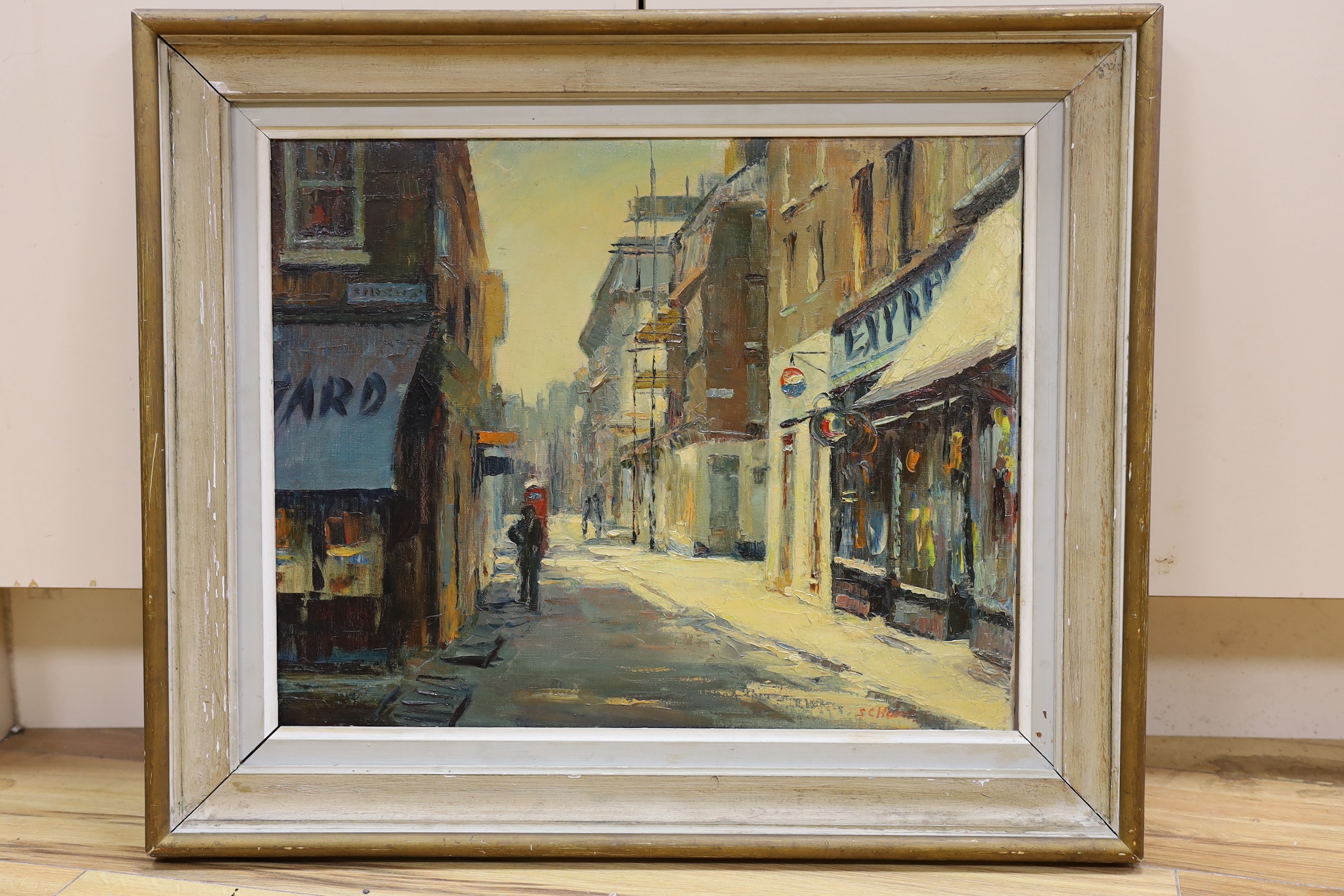 Suzanne C. Harris (1909-?), oil on canvas, 'Shepherd’s Market', signed, labelled verso, 40 x 50cm